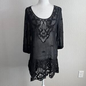 Eberjey Breezy Weave Black Floral Crochet Swim Coverup Women's M Mini Sheer